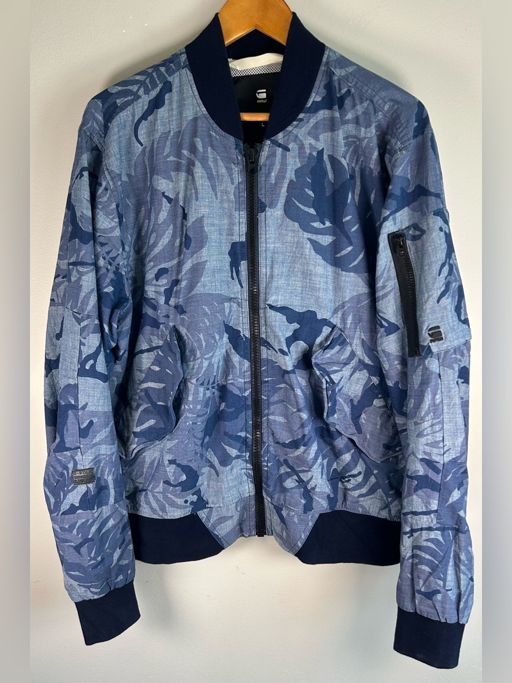 G Star Raw Men’s Jacket Size L Blue Zip Up Rackam DC Bomber Camo Mesh Lined EUC
